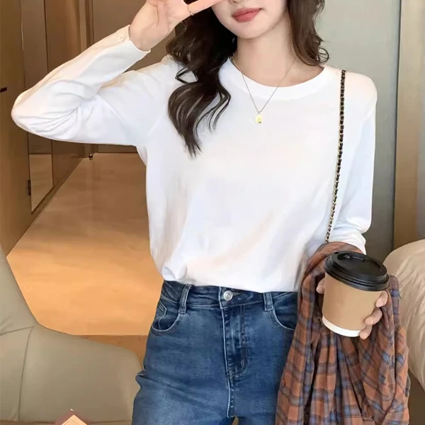 纯棉打底T恤女2025长袖秋冬韩版宽松内搭t恤圆领纯色男女吉檀三月
