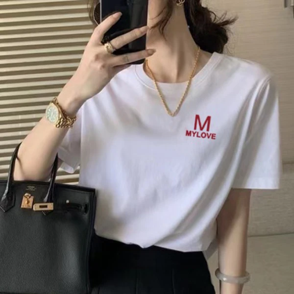 2025年夏季韩版时尚纯棉白色印花字母圆领短袖打底t恤女吉檀三月