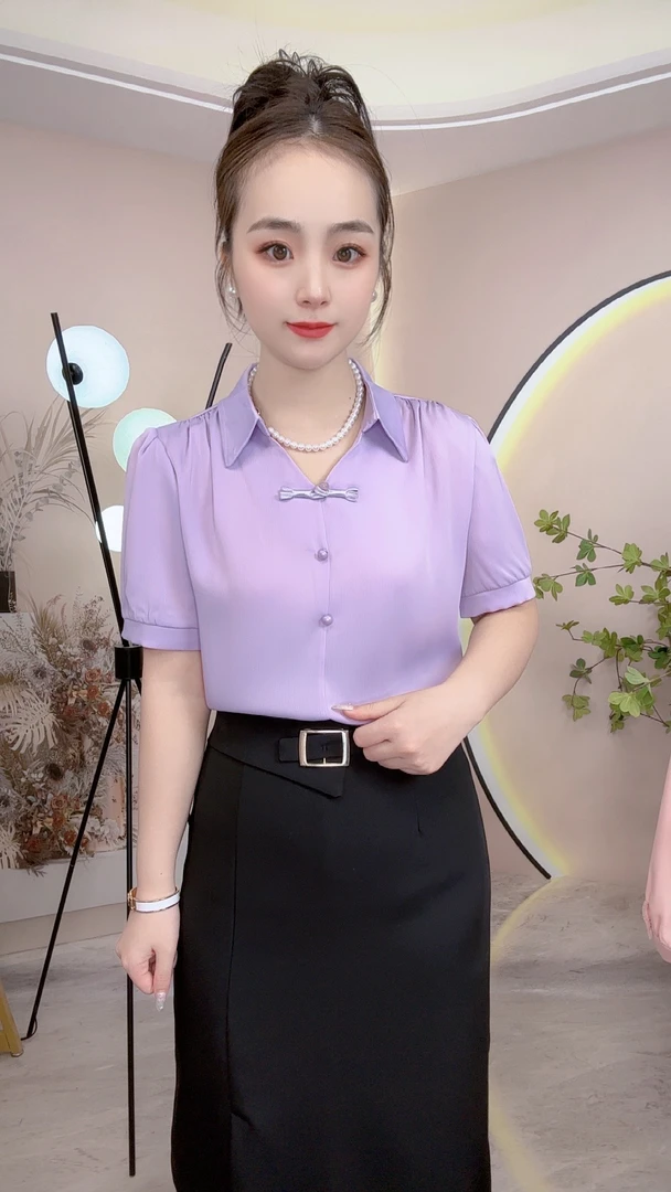 缎面短袖衬衫女2024新款夏季爆款衬衣v领新中式国风时尚洋气上衣