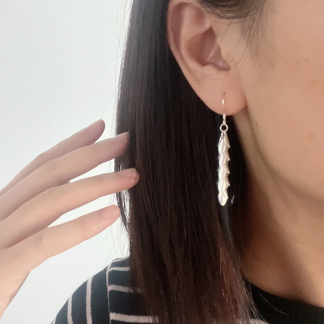 足银耳饰 麦穗耳钩多叶轻奢手工节日礼物素款百搭气质个性长款女