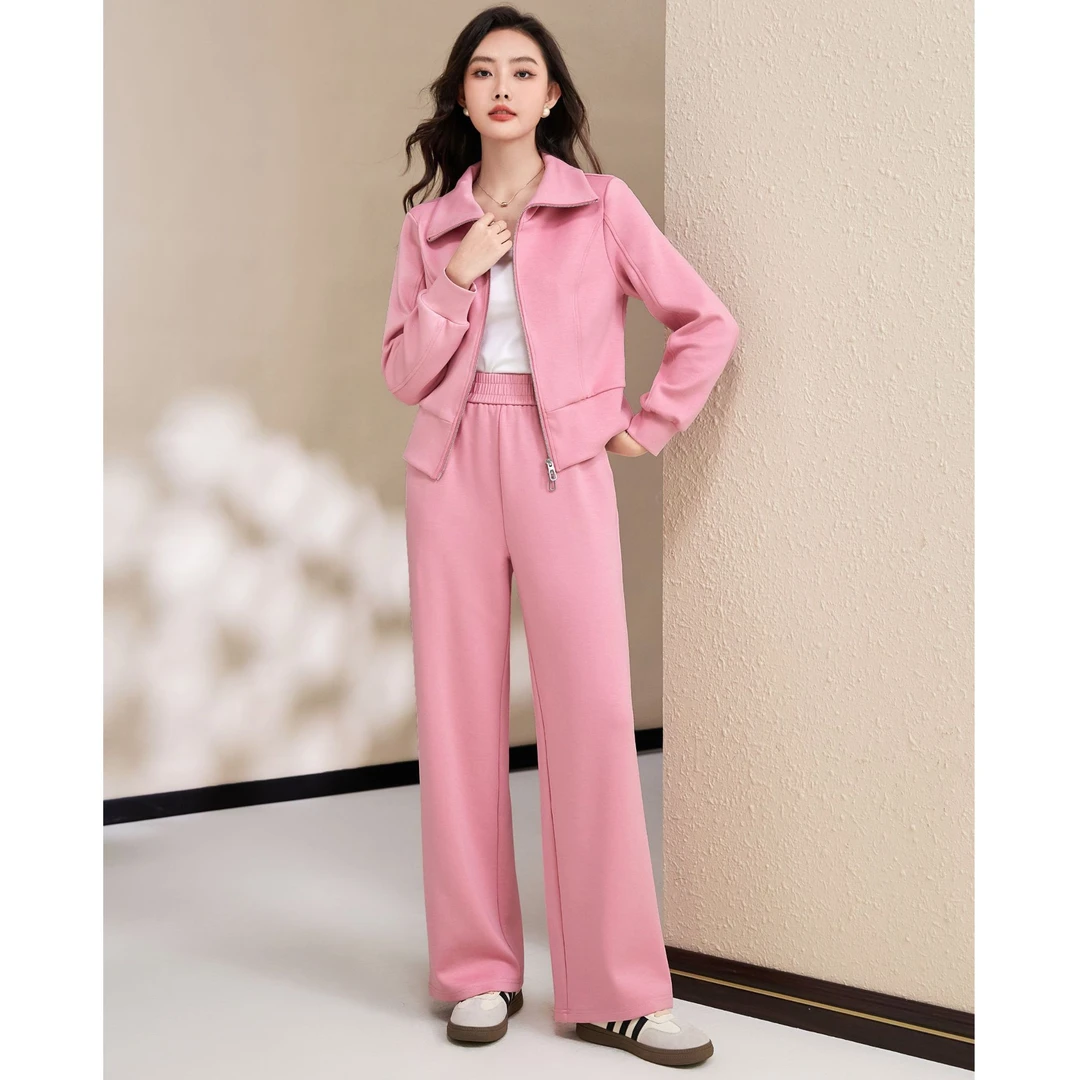 Smen/诗萌休闲运动套装女春秋款女翻领整套穿搭减龄阔腿裤两件套