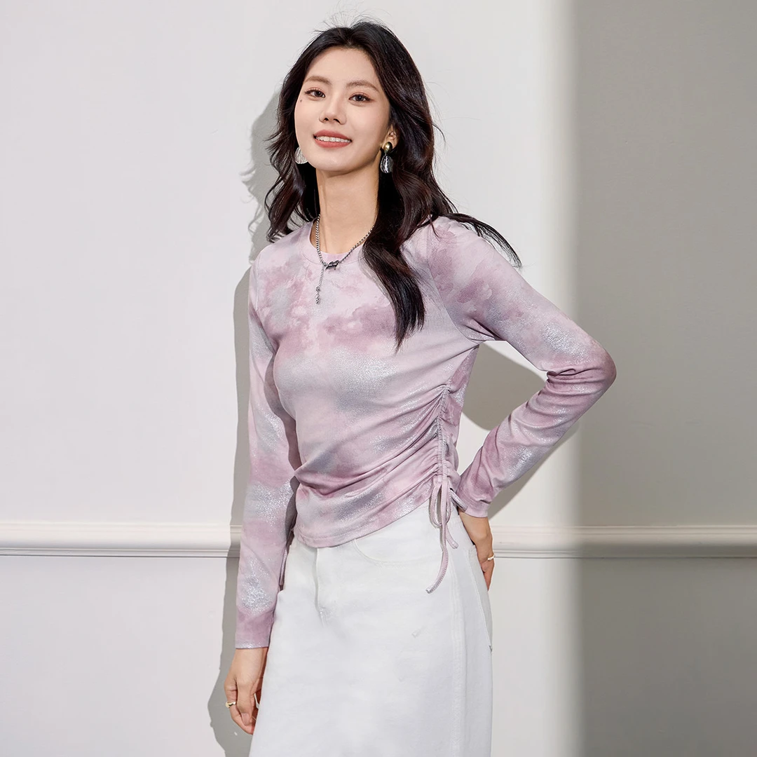 Smen/诗萌晕染印花烫银针织2024扎染秋装圆领长袖抽绳显瘦上衣