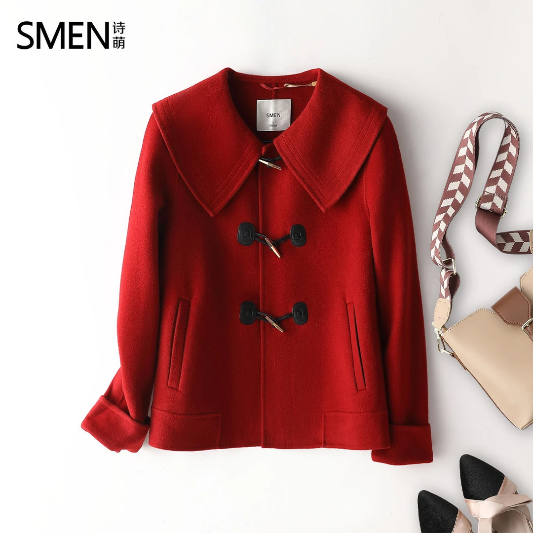 冬季洋气秋冬时尚毛呢外套中长款韩版中国风呢大衣冬娃娃领红色