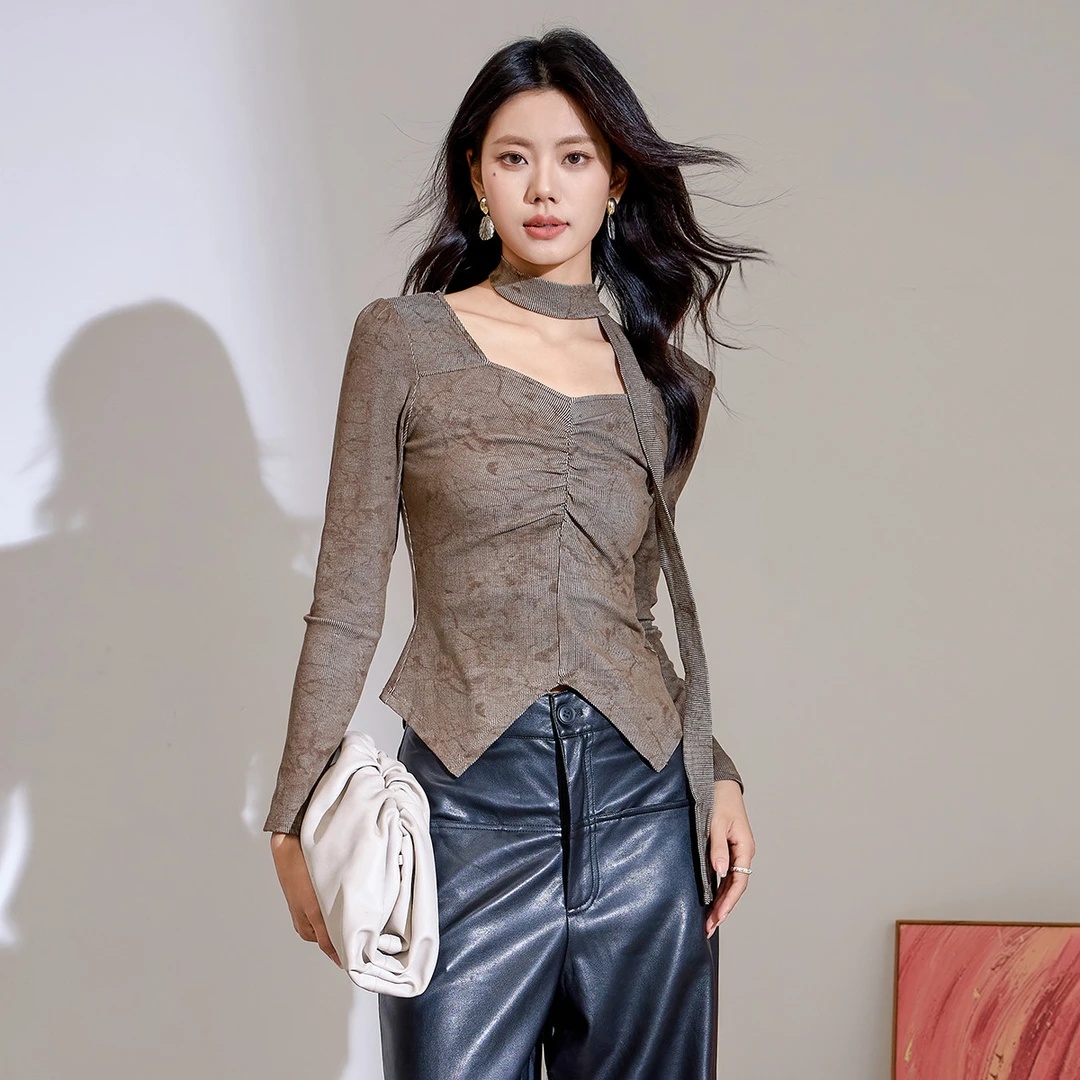 Smen/诗萌扎染中式风格流苏挂坠系脖设计T恤女24秋季辣妹针织上衣