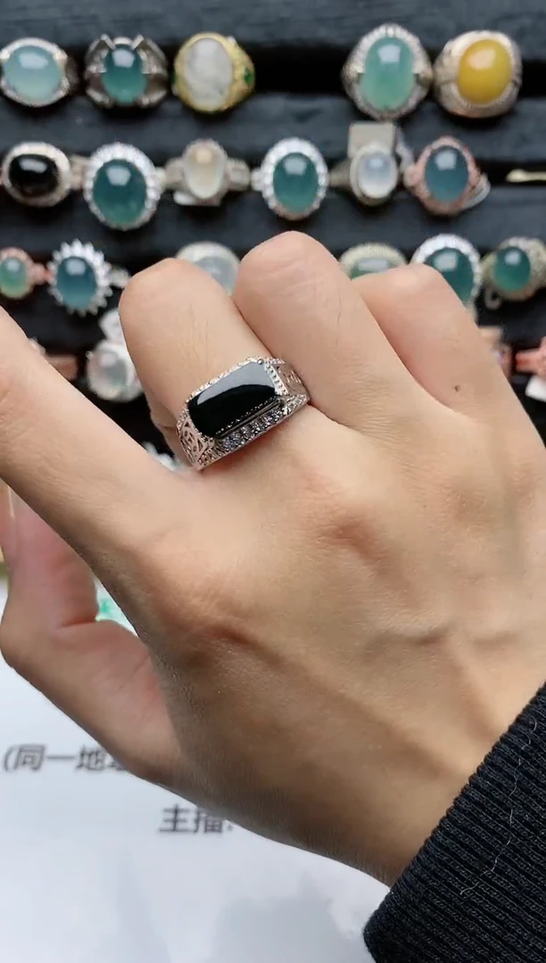 【闪购商品】翡翠戒指银S925镶嵌天然翡翠开口时尚男戒