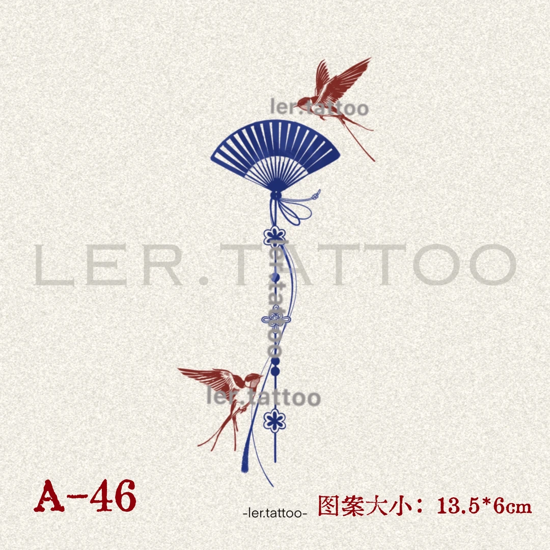 ler.tattoo｜新中式｜彩色纹身贴｜红燕扇影｜5张包邮