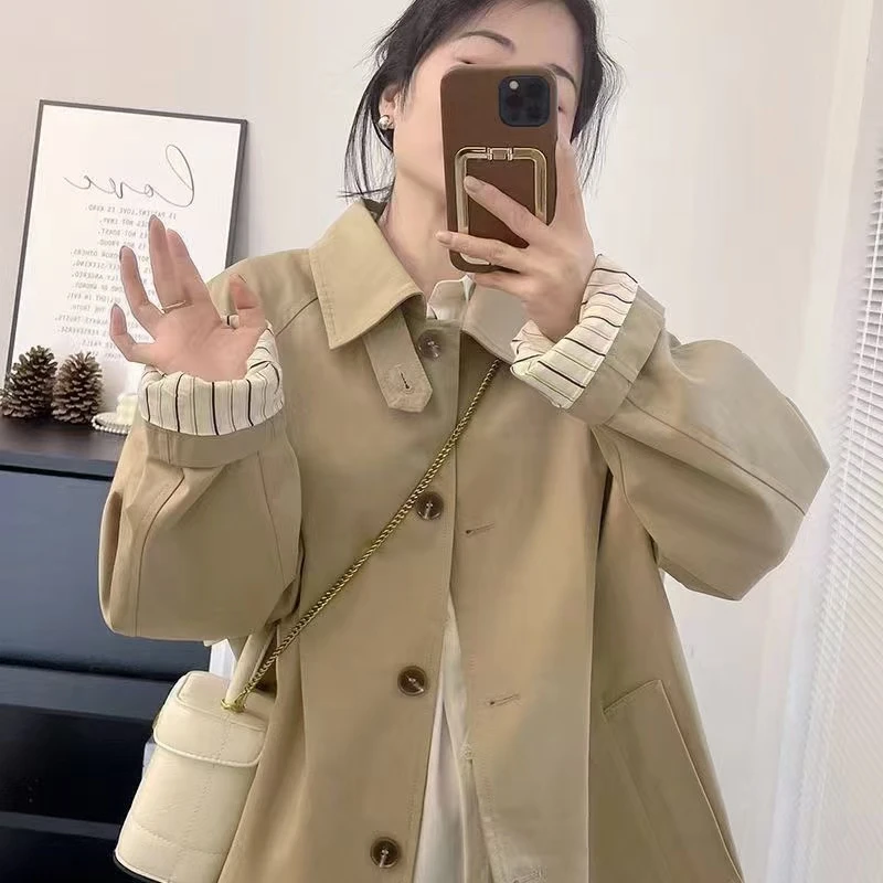 竖条里衬女2024年春秋流行新款韩版宽松休闲英伦小个子中长款大衣
