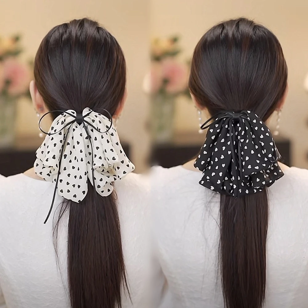 韩版蝴蝶结爱心马尾夹网红时尚气质波点抓夹简约百搭雪纺发夹F132