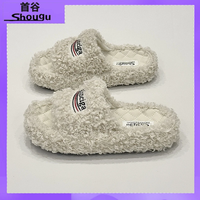 shougu/首谷秋冬新款毛毛鞋时尚羊毛外穿刺绣字母防滑休闲女拖鞋