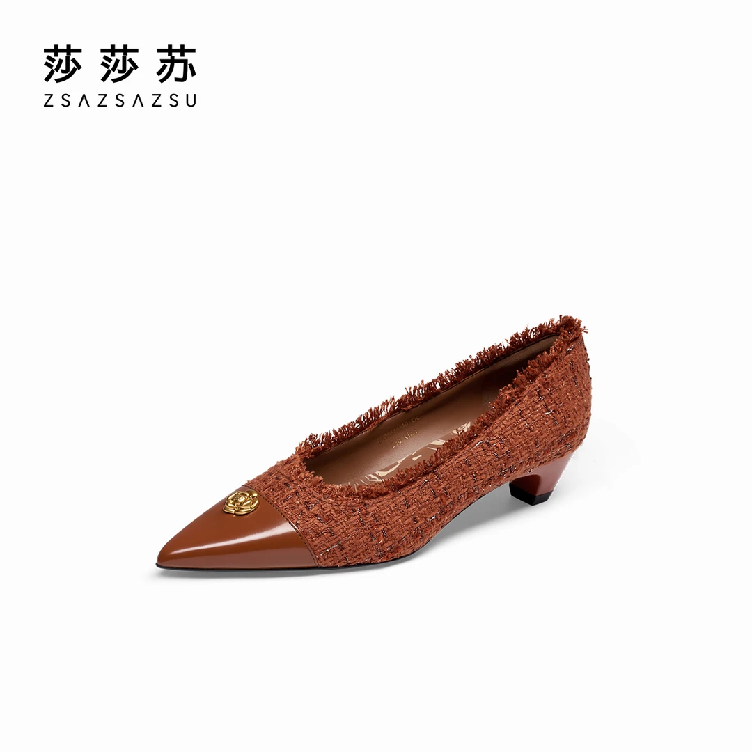 【小杜丽】莎莎苏秋新款低细跟尖头雅丹风小香风女单鞋ZA54515-10