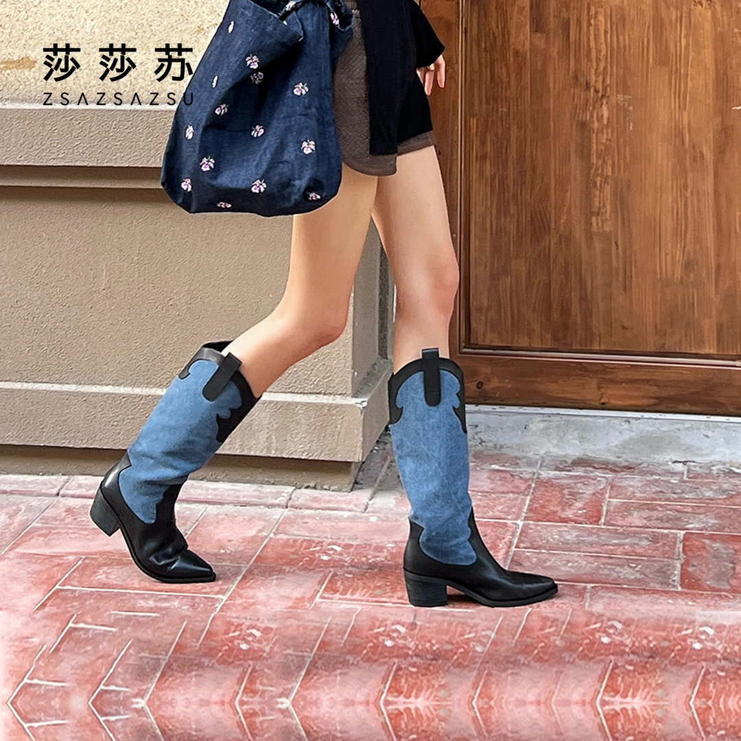 西部世界莎莎苏2023年秋新款粗跟尖头西部牛仔高筒靴子ZA43521-43
