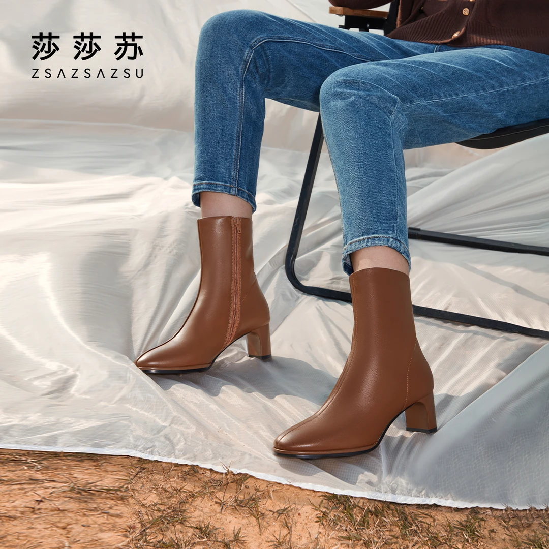 【烟熏摩卡】莎莎苏秋冬中筒高粗跟时装短靴雅丹风瘦瘦靴ZA43519-40