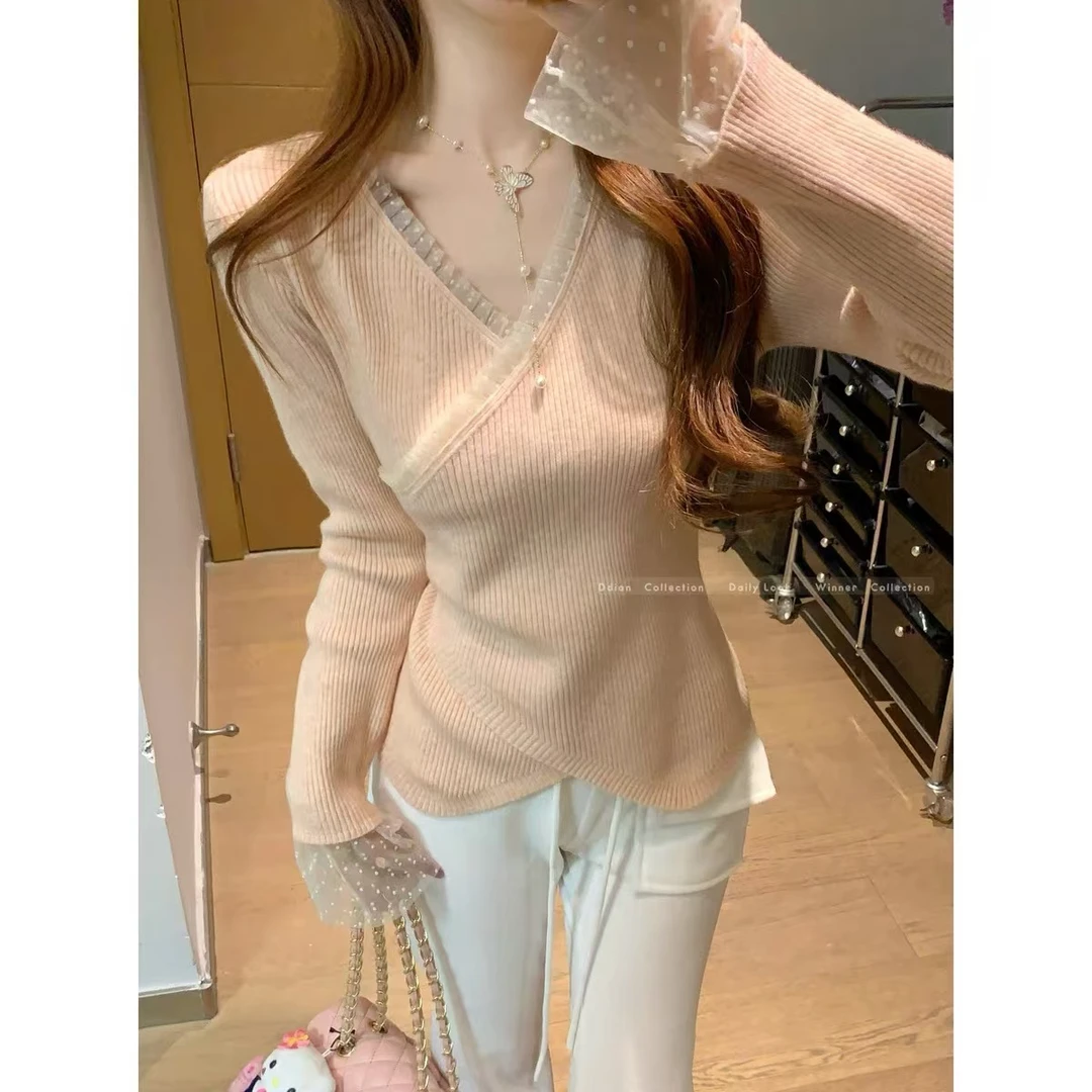 新时尚设计感长袖气质毛衣女秋冬拼接