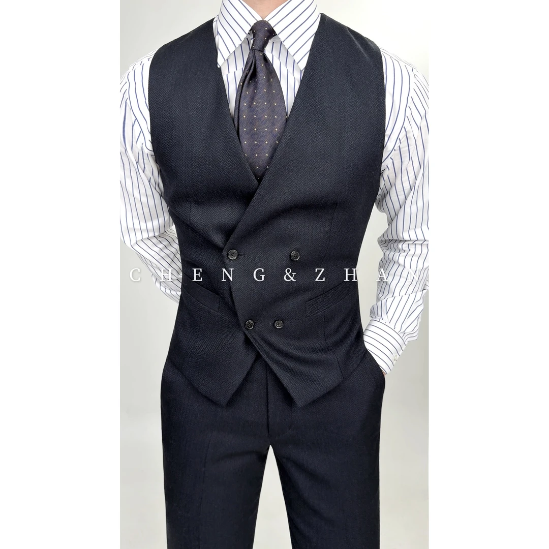 撑展【黑标】手工工艺【马甲】伦敦人藏青人字纹三件套羊毛马甲4