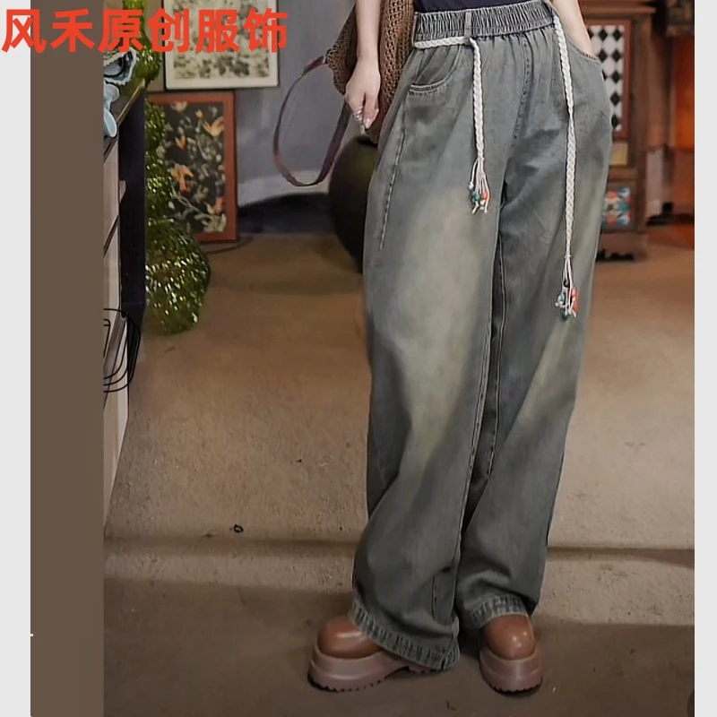 风禾原创【8832】四季休闲百搭慵懒水洗文艺做旧复古腰绳高腰牛仔裤