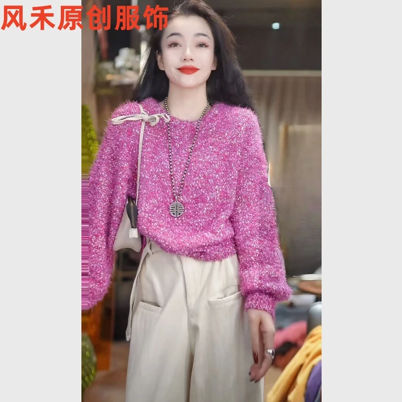 风禾原创【98602】冬季新款气质时尚百搭圆领亮丝闪闪颗粒绒套头衫