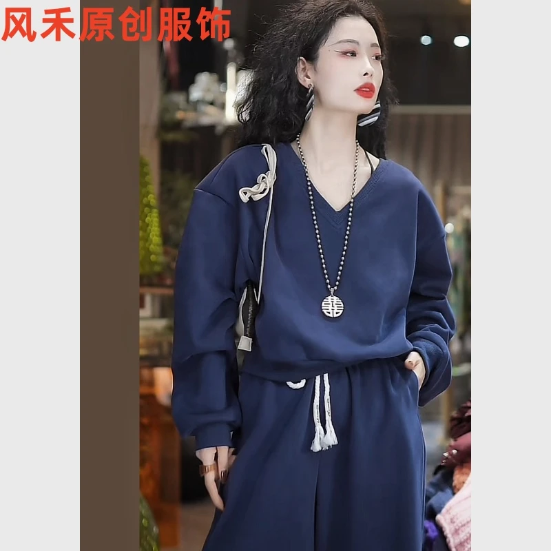 风禾原创【S6001】秋冬新款时尚休闲百搭纯色V领长袖加绒套头衫