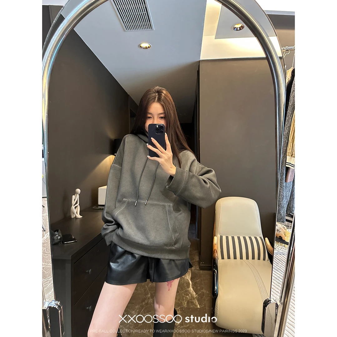 XXOOSSOO艺术街区美式做旧连帽卫衣宽松百搭套头休闲上衣