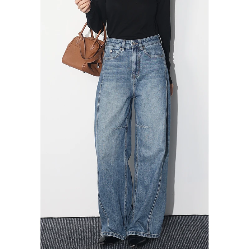 xxoossoo重工水洗宽松牛仔裤女秋冬季复古纯棉休闲裤高腰阔腿裤子