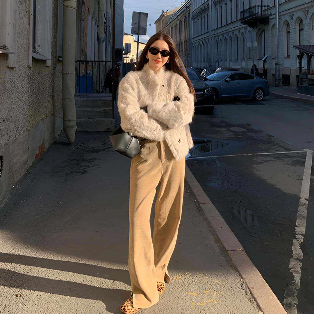 xxoossoo 设计感侧开叉灯芯绒裤子女冬季高腰直筒长裤阔腿休闲裤