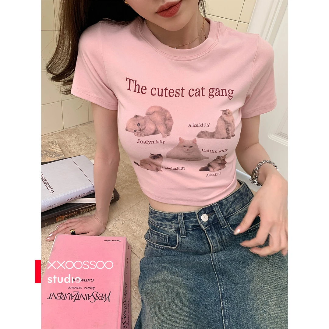 xxoossoo三色紧身印花猫咪t恤女短款百搭小众显瘦