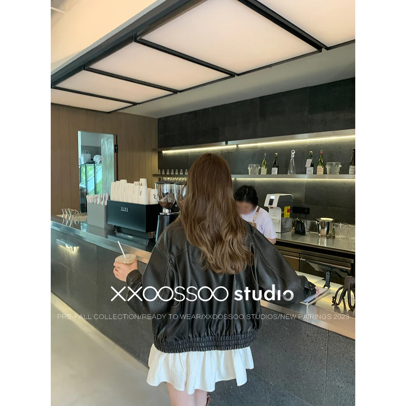 XXOOSSOO 黑胶唱片 美式复古pu黑色皮衣外套夹克上衣