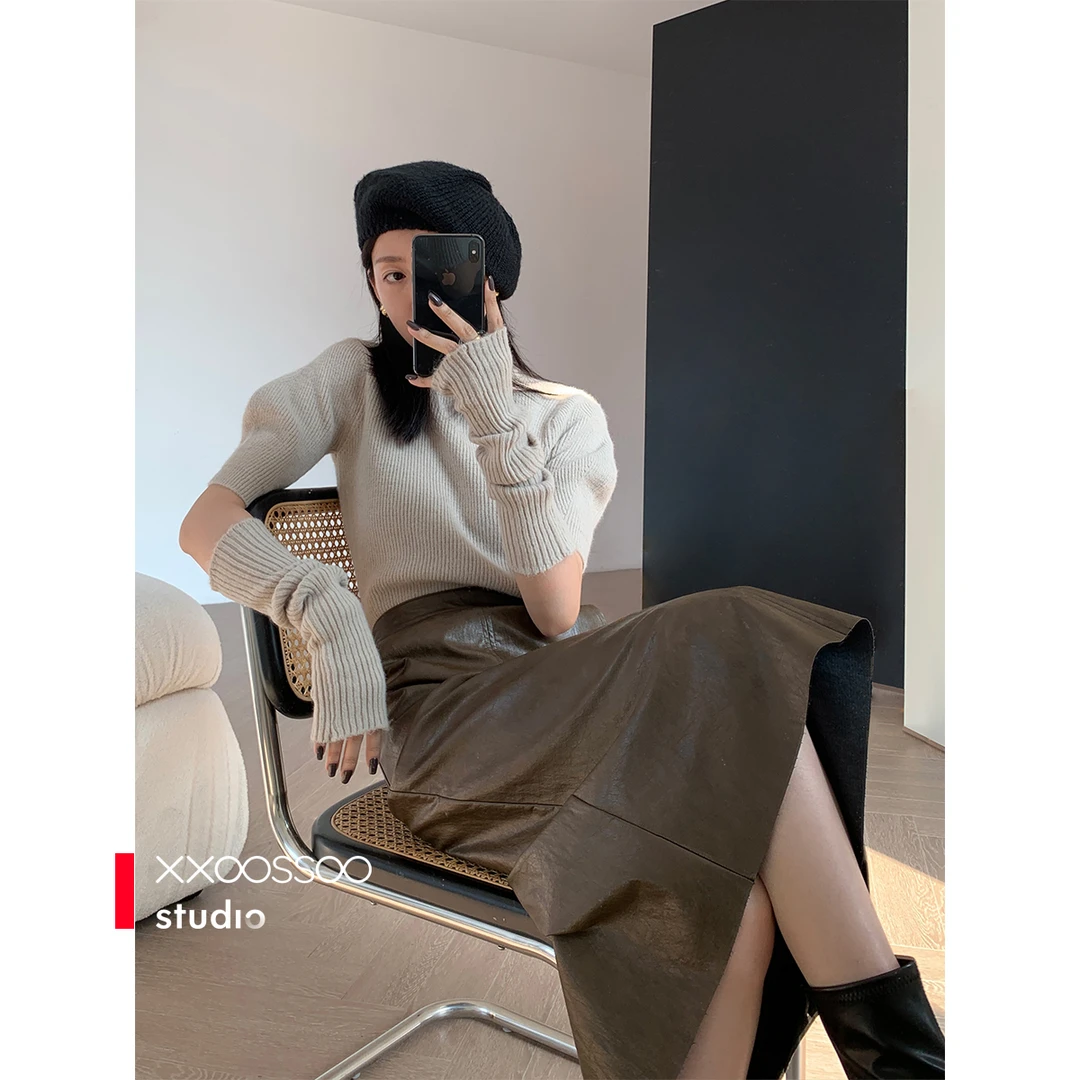 【半身裙】xxoossoo 自然环保PU皮复古风格高腰直筒半身裙