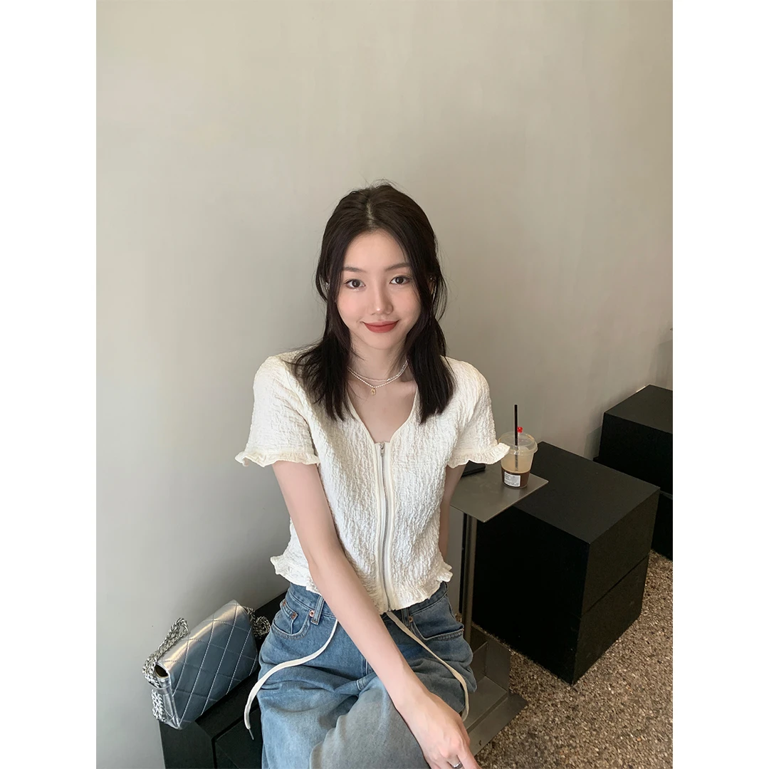 xxoossoo少女木耳卷边 拉链衬衫短袖t恤女夏季