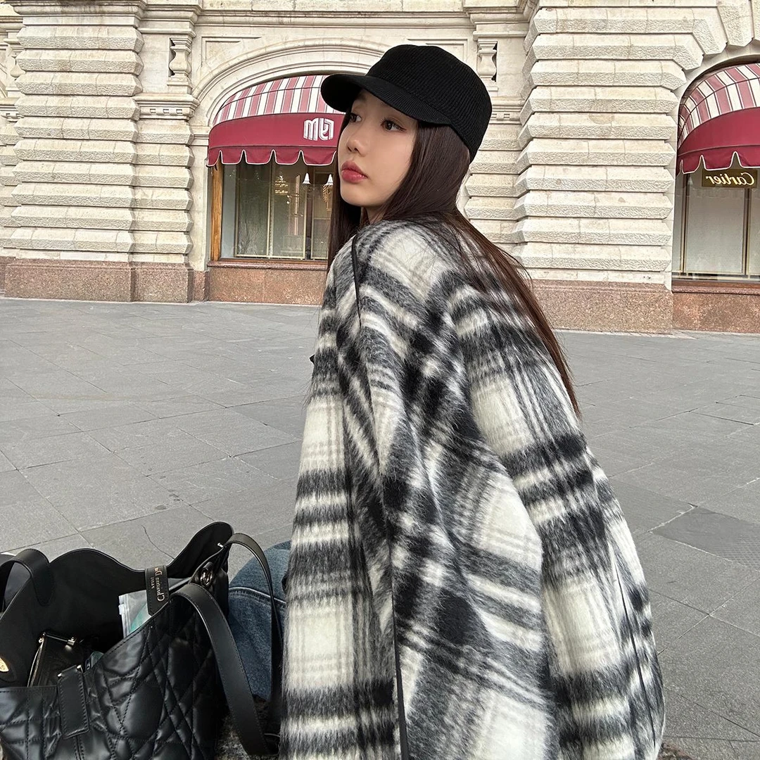 xxoossoo 复古撞色格纹双面呢外套女冬季宽松圆领毛呢大衣