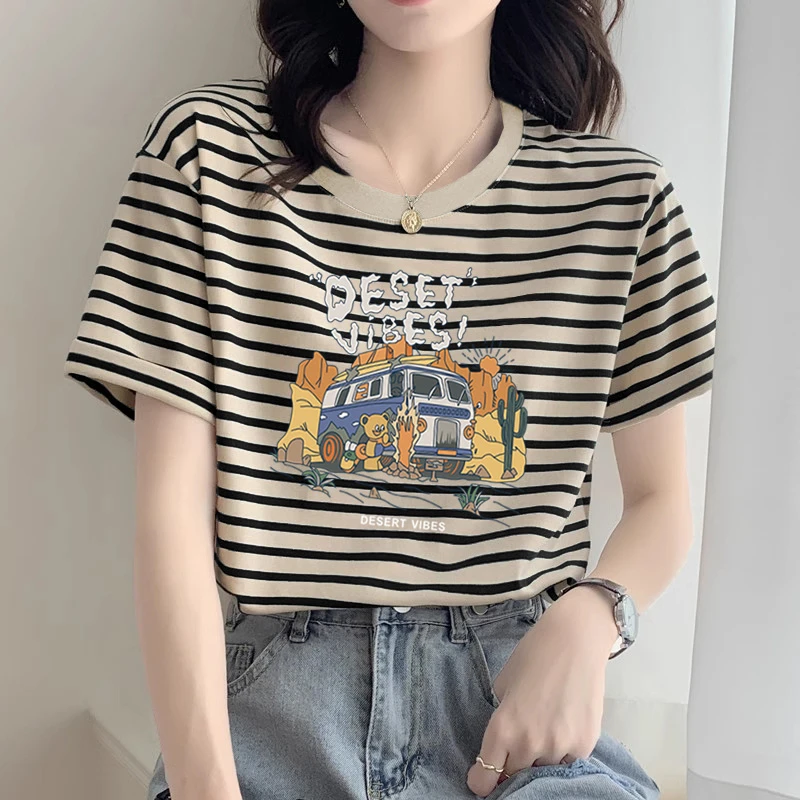 2025新款正肩条纹短袖t恤女韩版时尚百搭宽松休闲上衣打底衫夏季