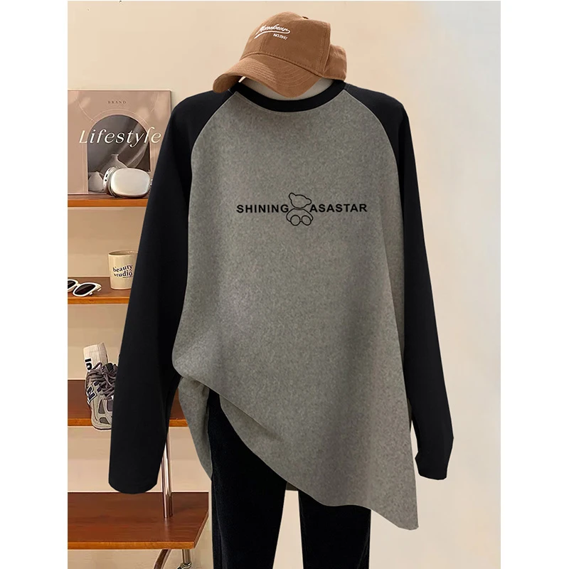 搭配鲨鱼裤磨毛长袖t恤女2025新爆款宽松加厚中长上衣打底衫冬季