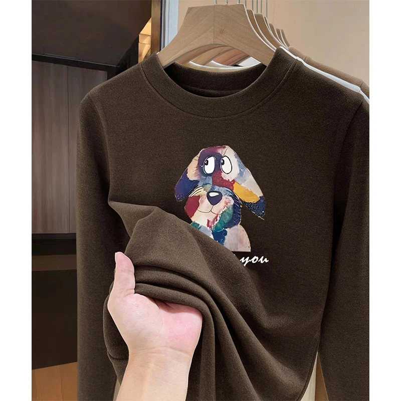 德绒磨毛正肩长袖t恤女时尚休闲百搭洋气加厚款内搭打底衫秋冬季