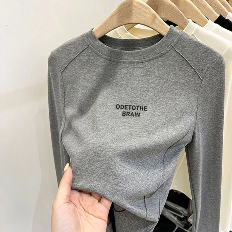 设计感小众正肩长袖t恤女2025新款时尚洋气鱼骨打底衫春秋季上衣