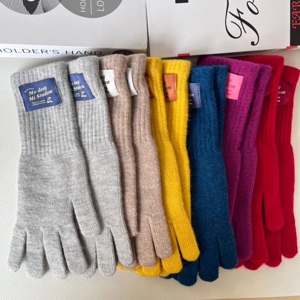 韩国长款羊绒手套秋冬防风五指手套