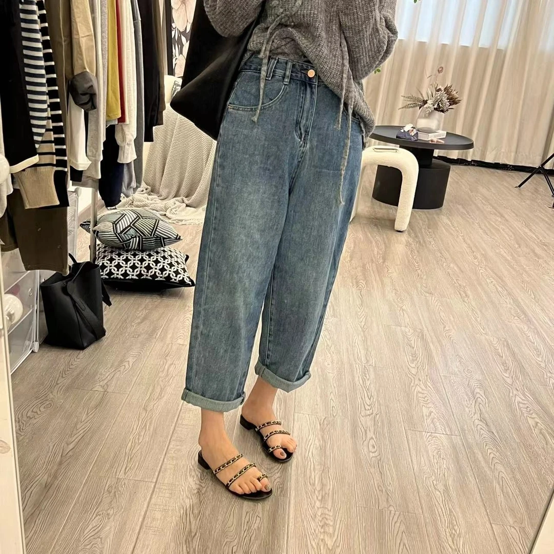 高腰宽松柔软牛仔九分裤