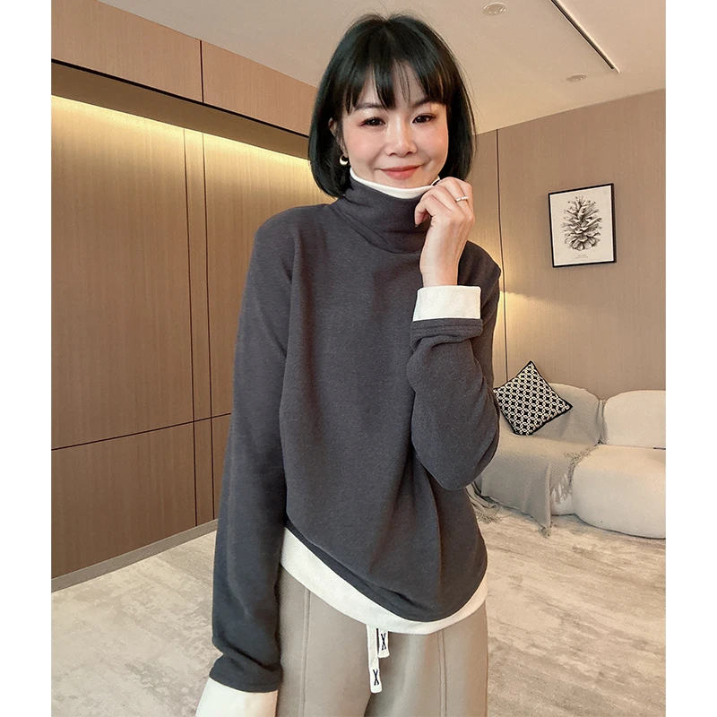 防寒双面澳绒拼色高领加绒加厚长袖T恤保暖打底衫