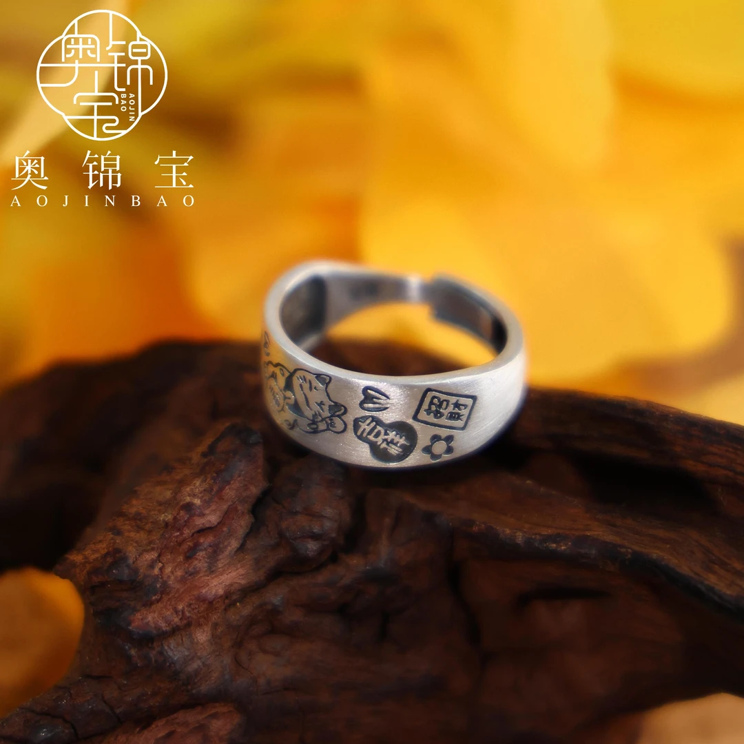 奥锦宝 925银戒指 招财猫吉祥戒指手工情侣复古个性素款国潮戒指