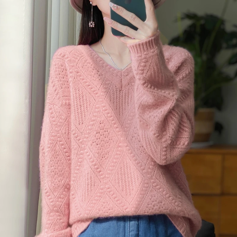 减龄神器 ~秋冬新款V领绞花时尚羊毛绒衫女百搭针织衫毛衣*1长袖
