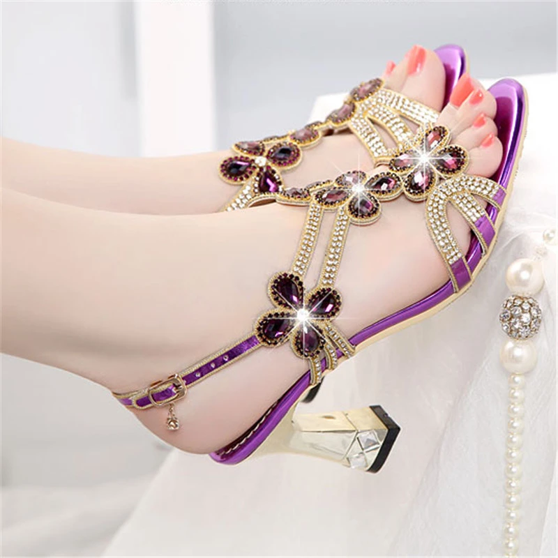 凉鞋女夏季新款水钻高跟鞋女士时尚外穿水晶优雅粗跟镶钻露趾女鞋