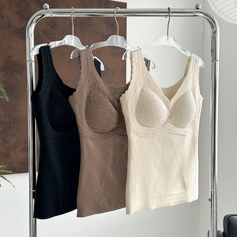 华家三合一磨毛V领混纺护肚保暖背心女免穿文胸自带胸垫打底10817