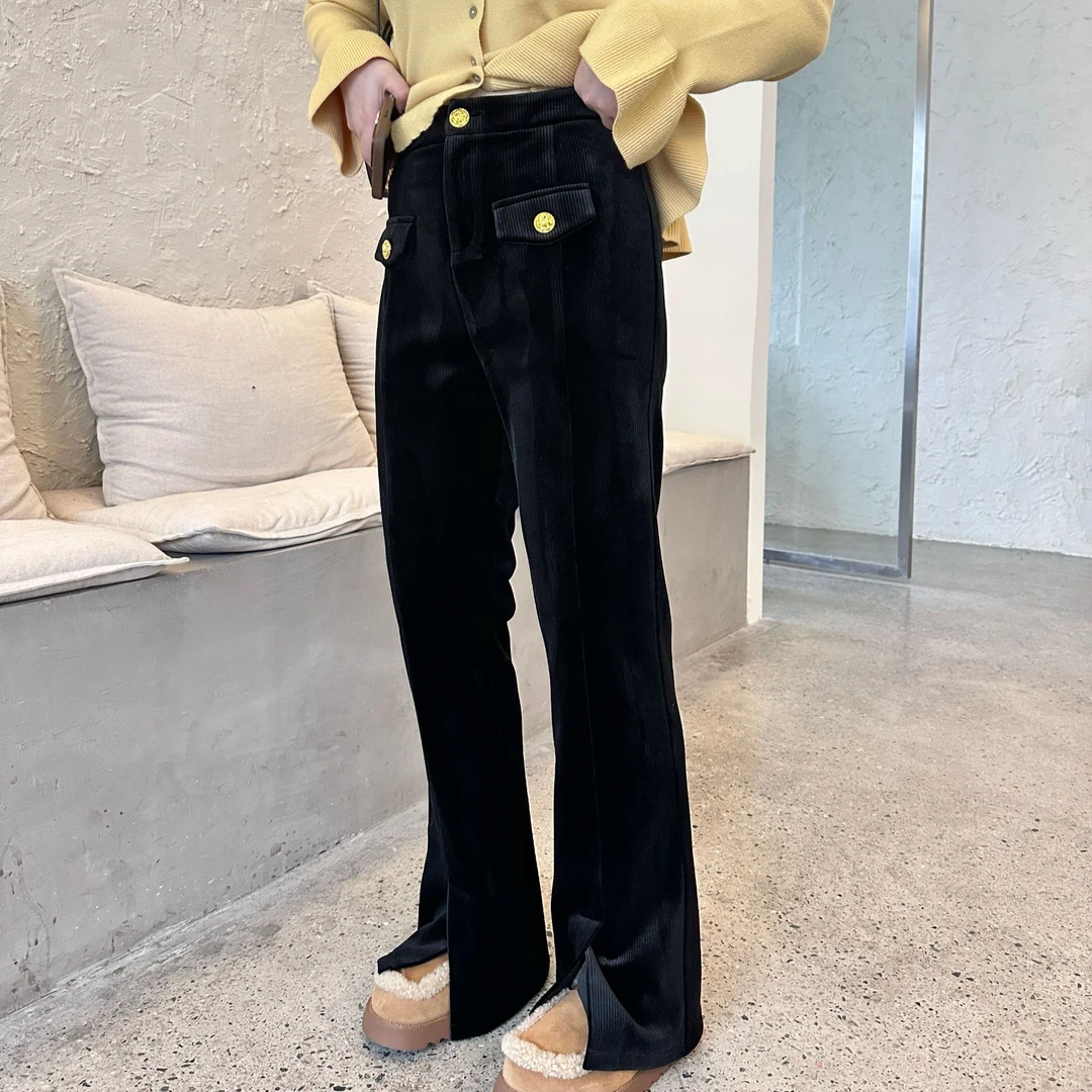 晶咕【丝绒情书】百搭开叉宽松显瘦高腰丝绒垂感喇叭裤休闲裤