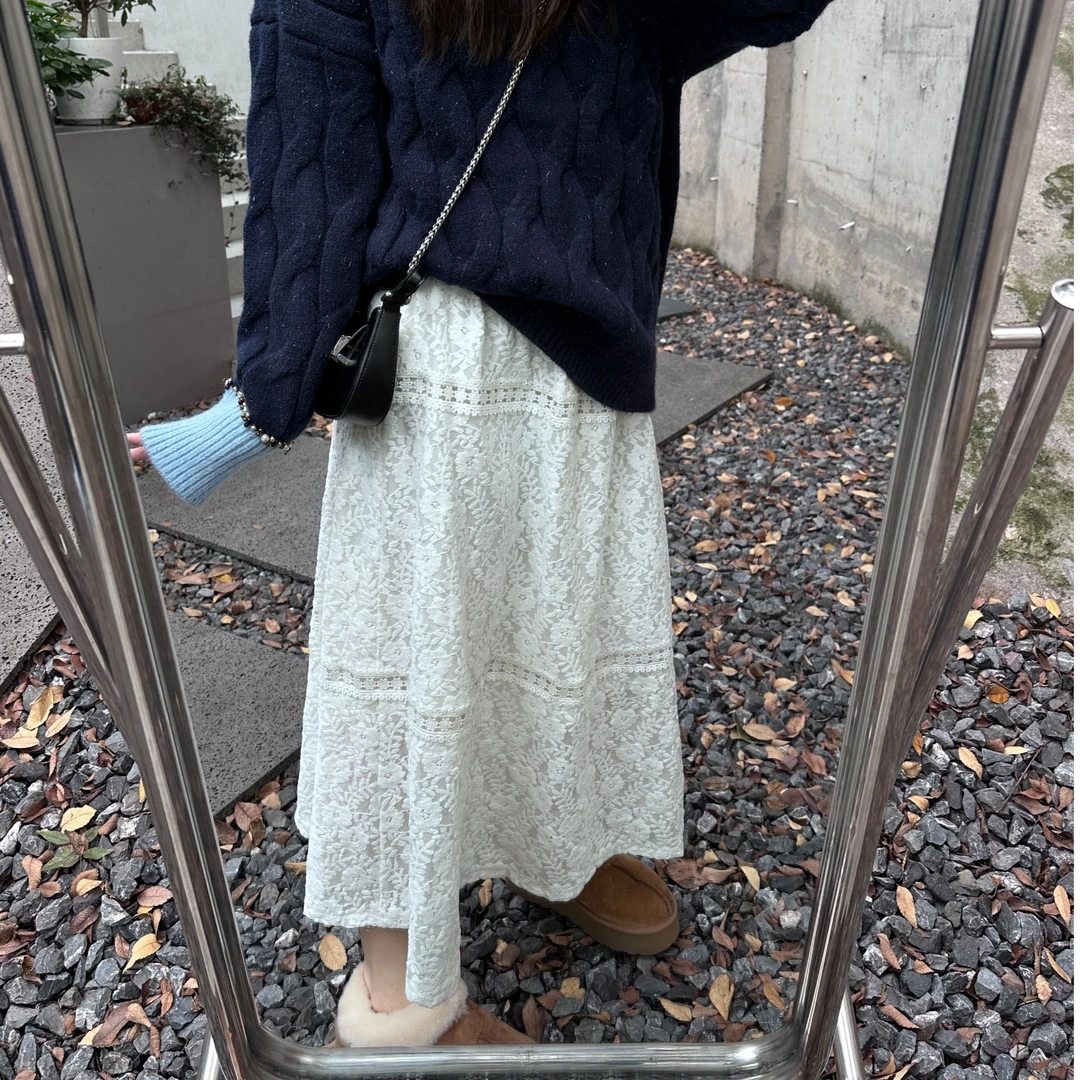 晶咕【椰奶冻】长款百搭气质温柔风镂空钩花蕾丝半身裙