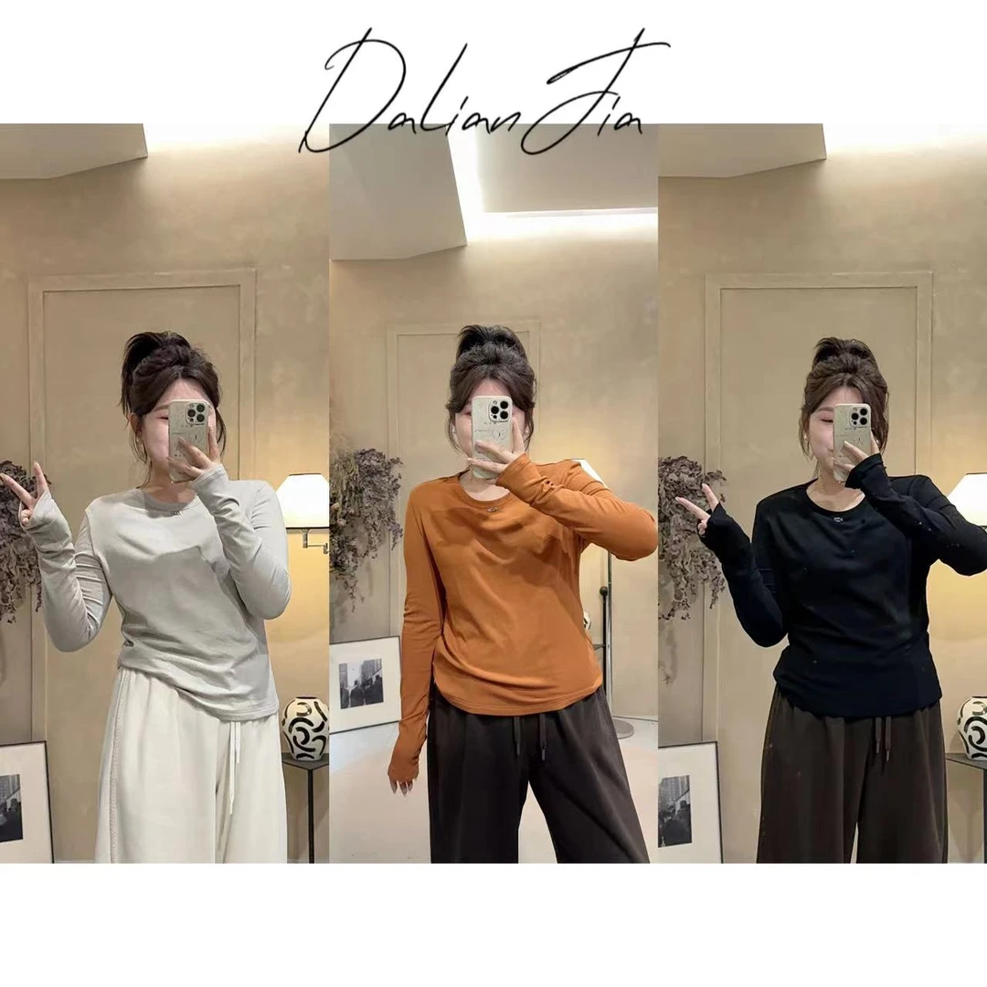 晶咕【小心机】磨毛小领标设计感长袖T恤正肩显瘦圆领打底上衣简约