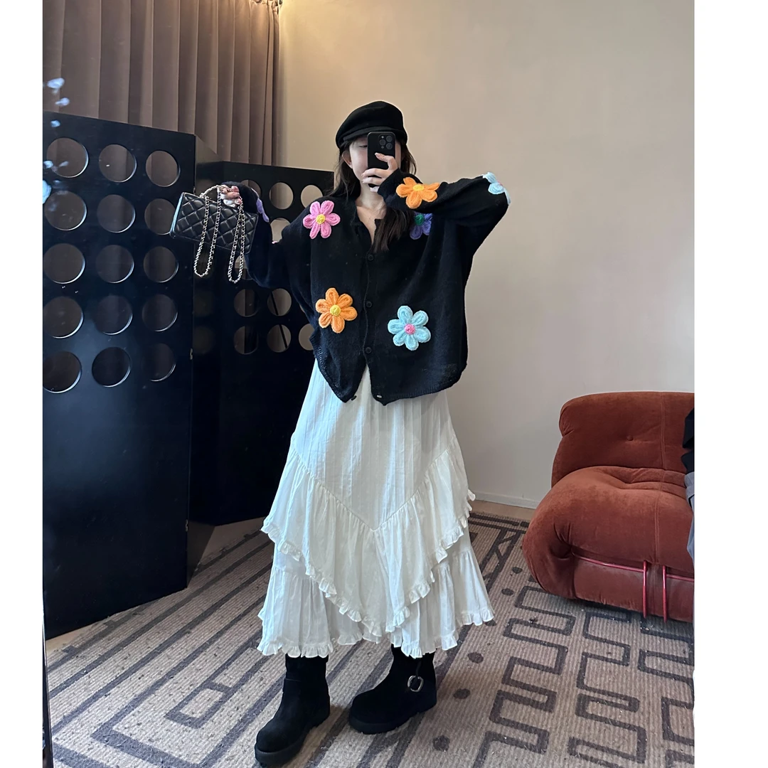 晶咕【秋野雏菊】彩色立体花朵圆领毛衣开衫时尚百搭气质秋季