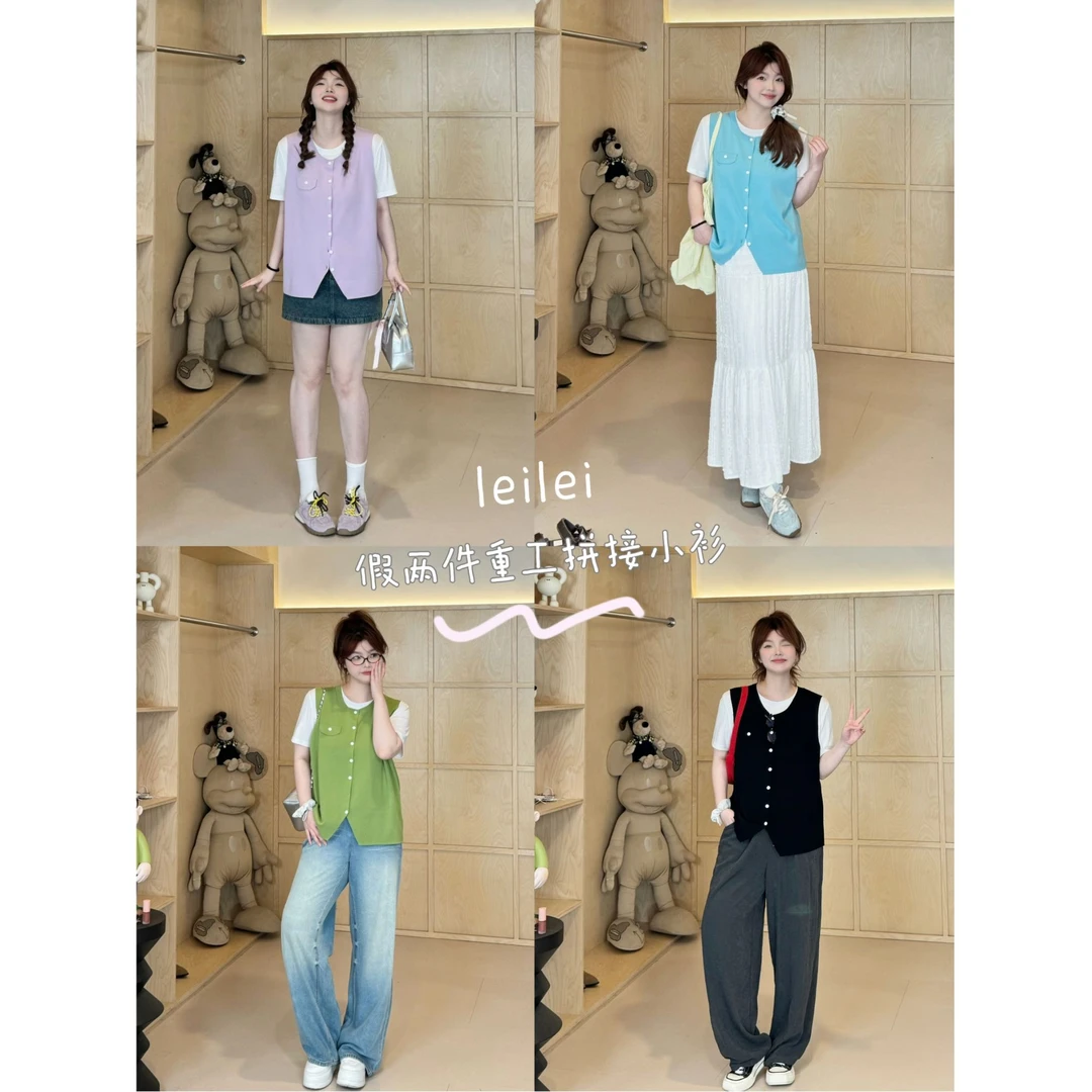 晶咕【叠穿buff】韩系圆领假两件单排扣下摆倒三角针织短袖