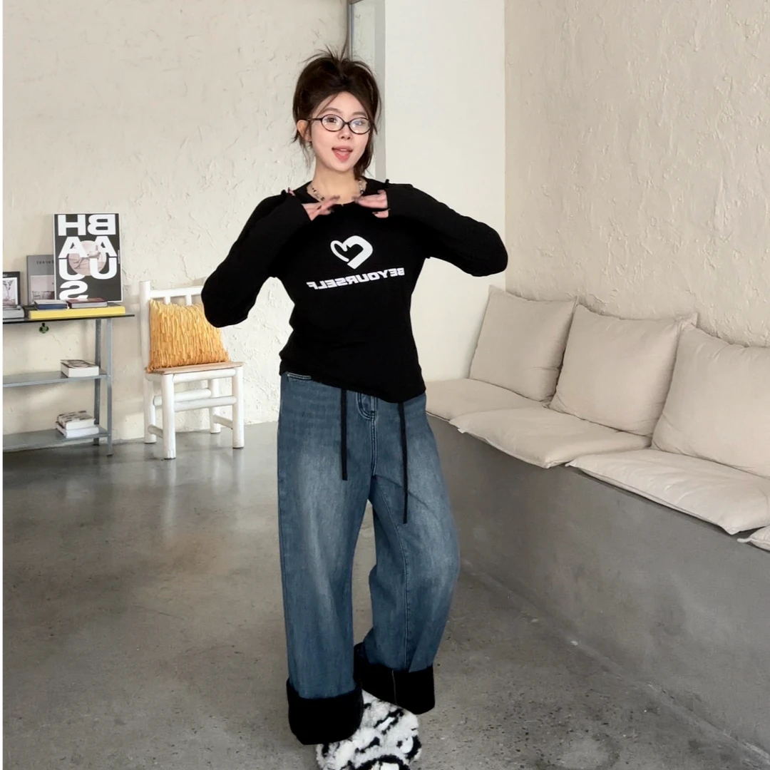 晶咕【暖意环绕】爱心英文印花修身休闲百搭韩版显瘦圆领上衣