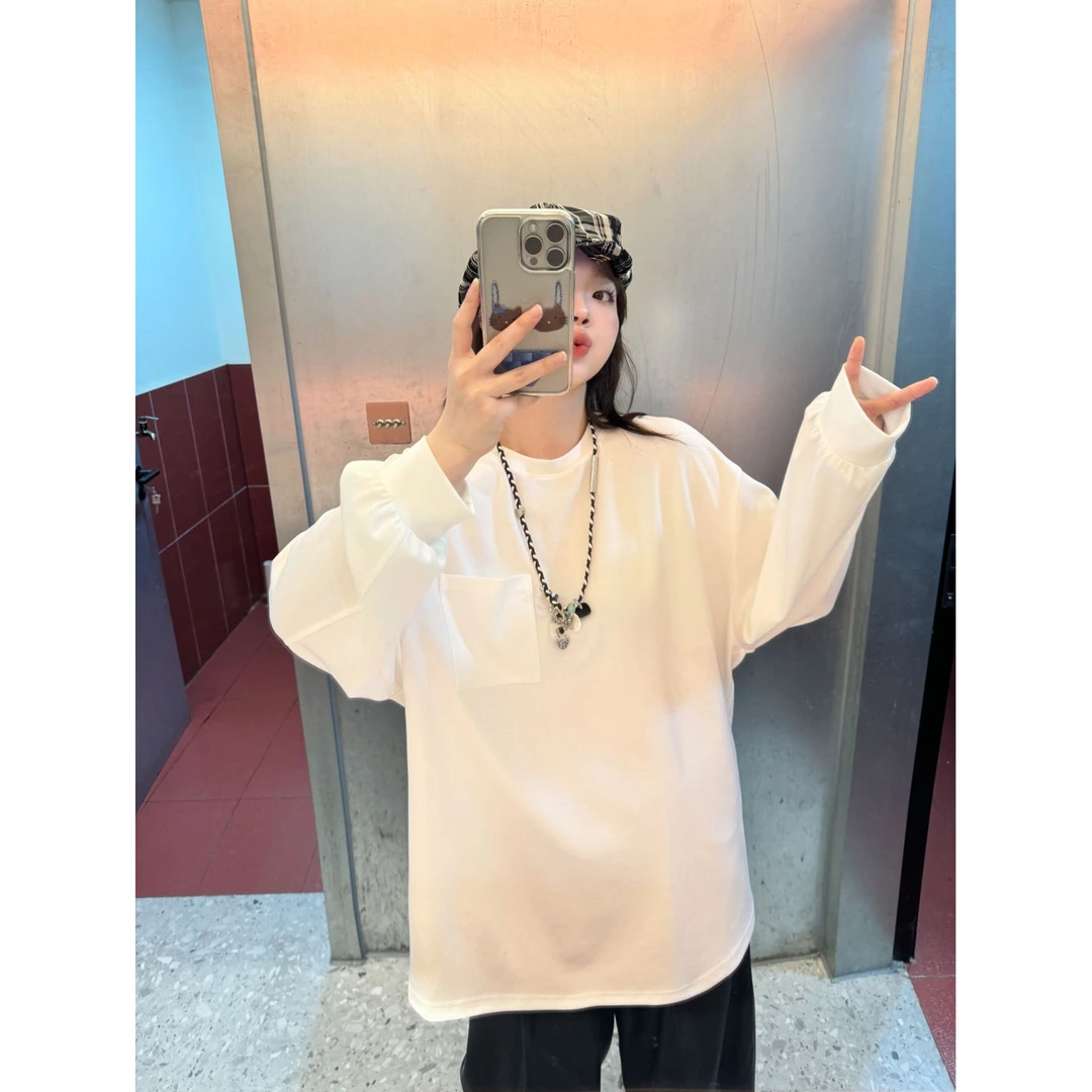 晶咕【白米饭2.0】百搭大圆领胸前口袋长袖简约内搭T恤上衣