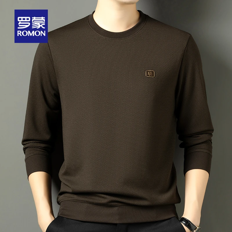 罗蒙春秋男士圆领潮流卫衣百搭长袖T恤华夫格时尚上衣休闲打底衫
