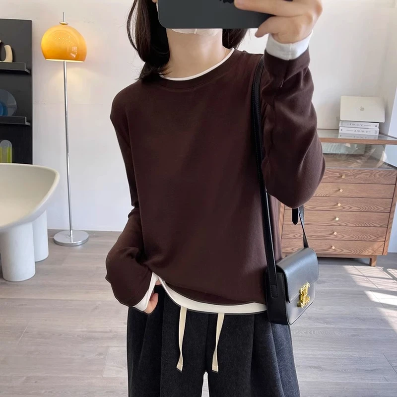 超柔双面磨毛绒假两件设计长袖T恤女春秋新款韩版圆领内搭打底衫