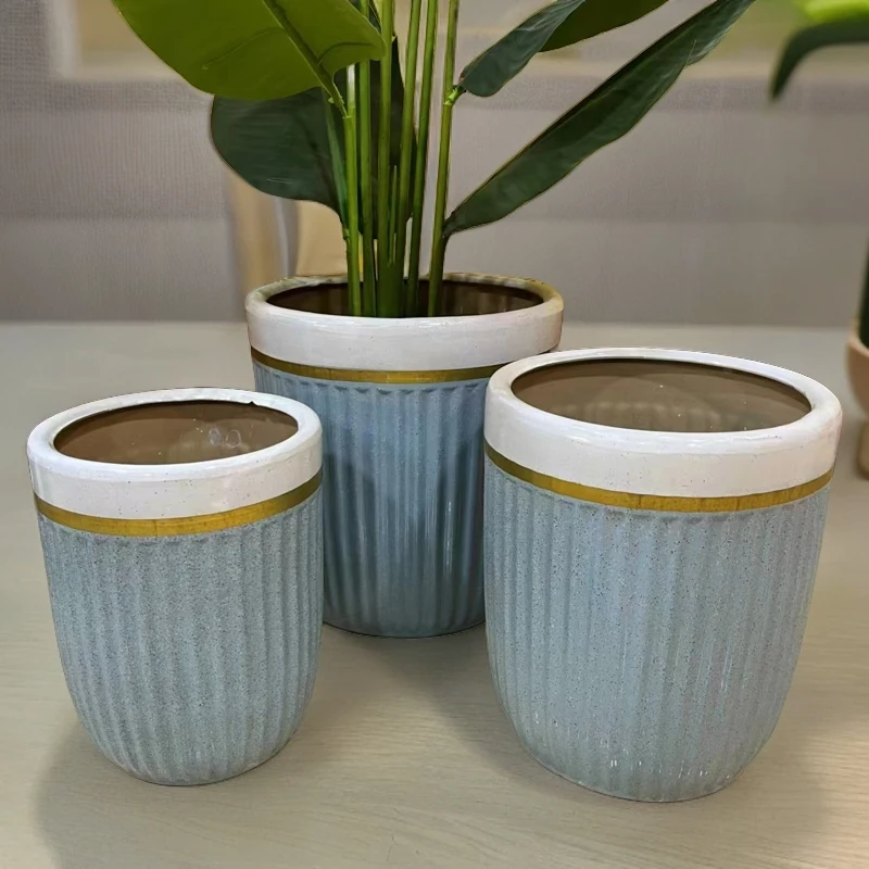 白口蓝底三色圆筒手工陶瓷大花盆种植大型绿植室内室外（默认微瑕）